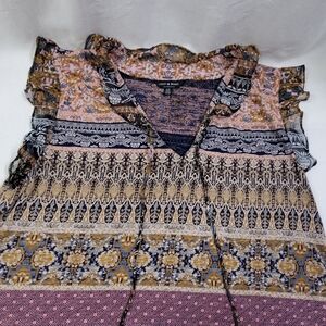 Lucky Women's Blue Multicolor Sleeveless Pullover Boho Ruffle Trim Top Large